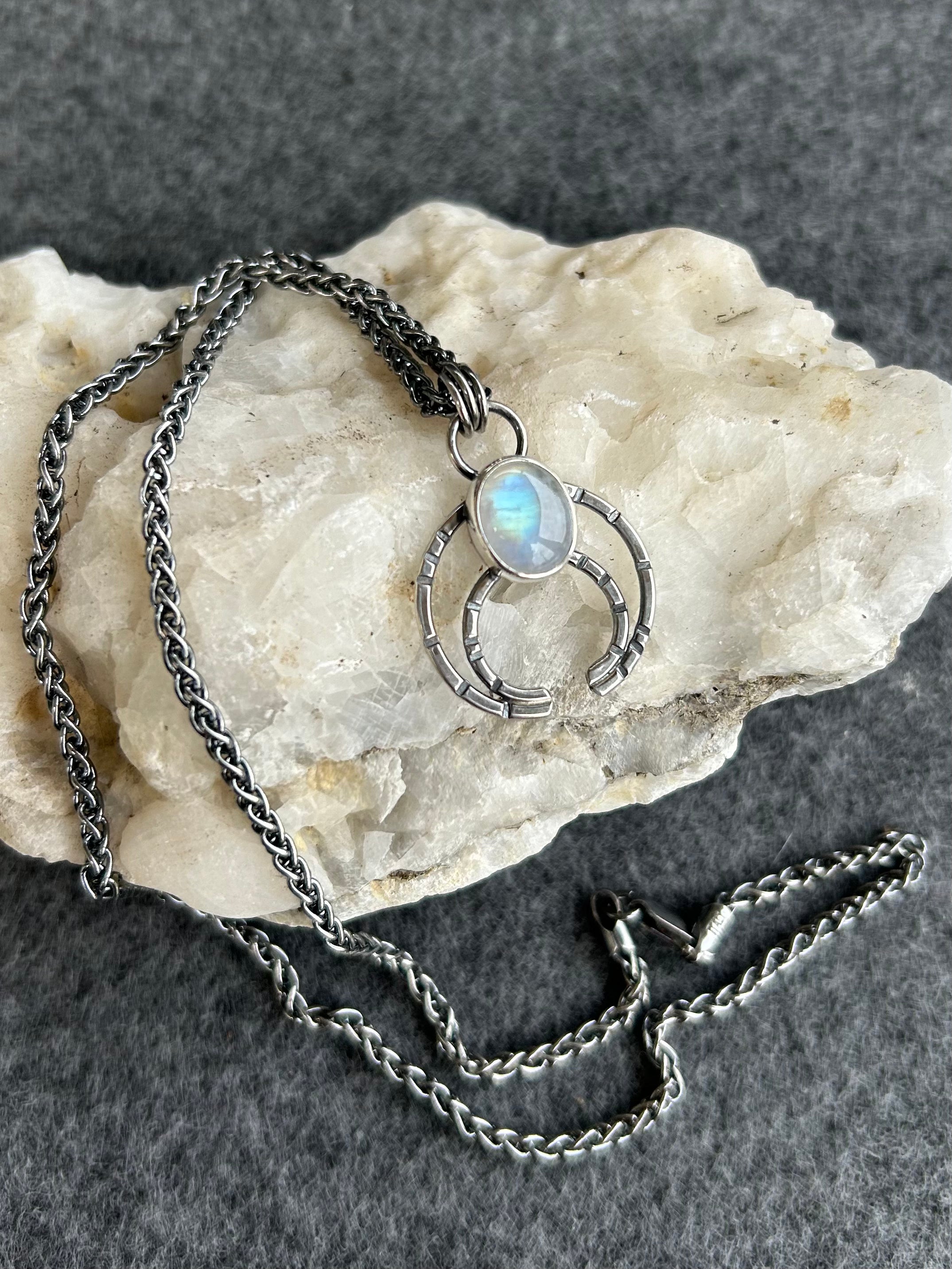 Modern Naja Pendant Necklace with Genuine Rainbow Moonstone