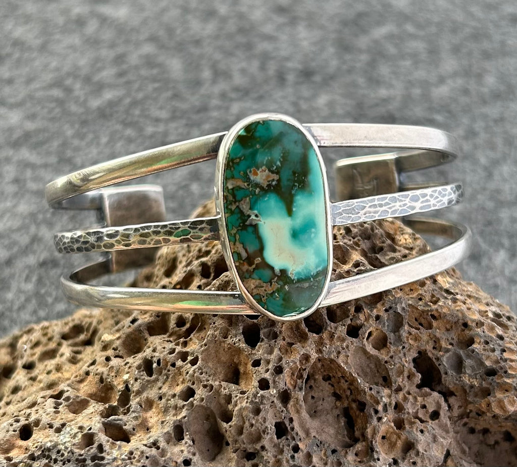 Cuff Bracelet with Hammered Sterling Silver and Royston Turquoise