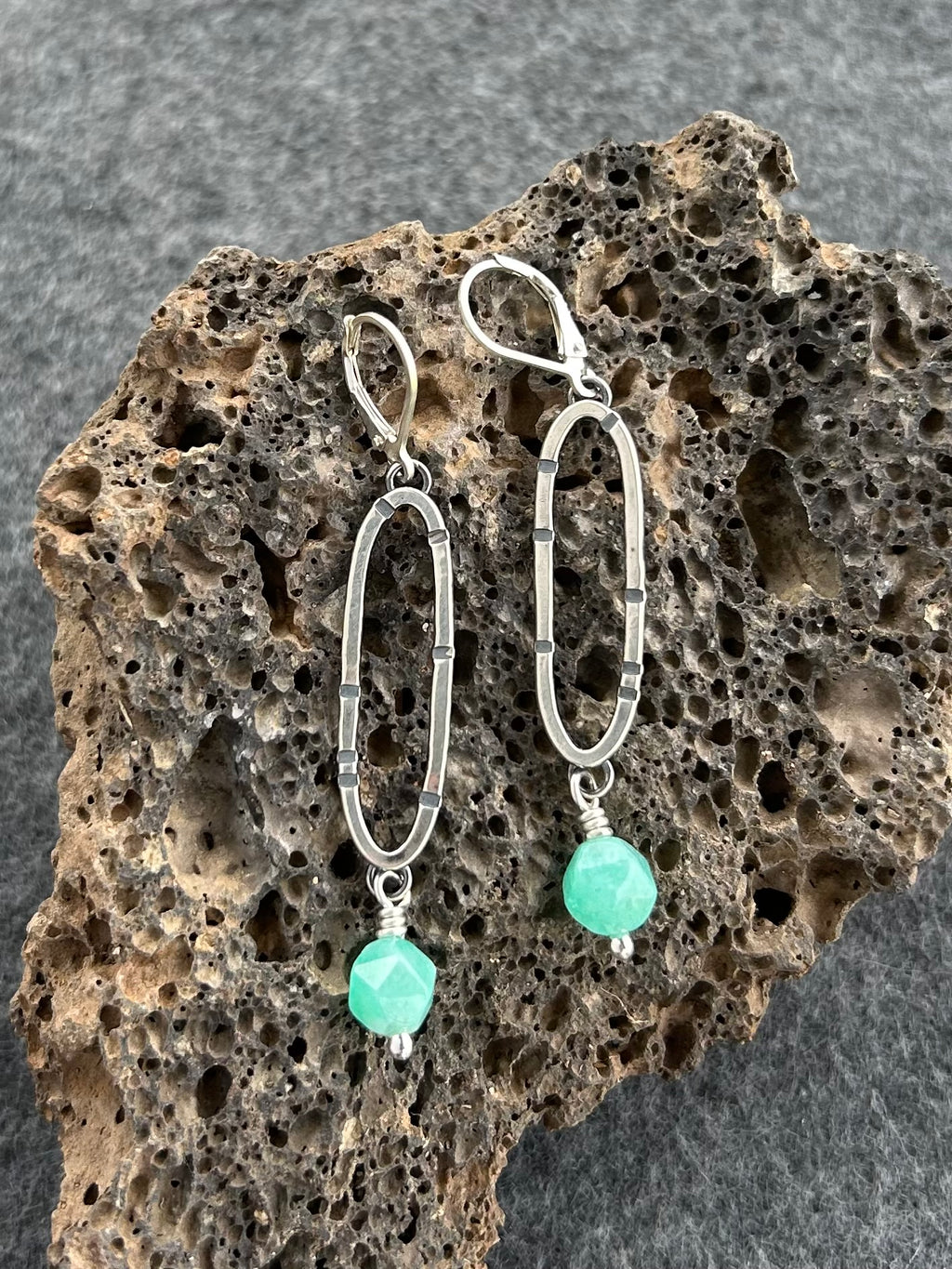 Anvil Hoop Earrings with Stamped Sterling Silver and Amazonite