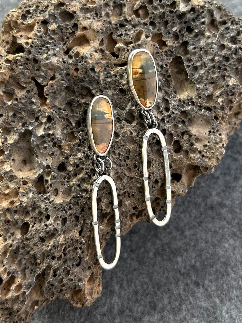 Anvil Hoop Earrings with Stamped Sterling Silver and Red Creek Jasper