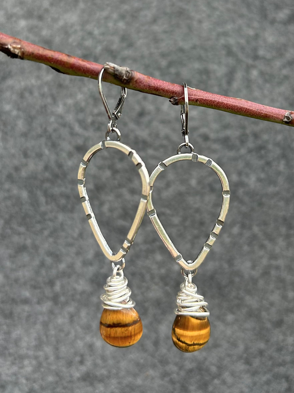 Anvil Hoop Earrings with Stamped Sterling Silver and Tiger's Eye
