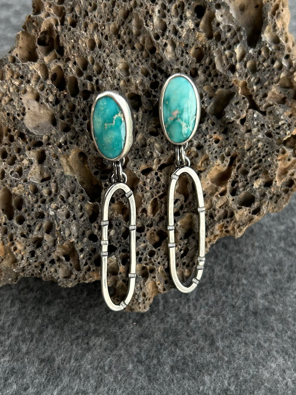 Anvil Hoop Earrings with Stamped Sterling Silver and Whitewater Turquoise