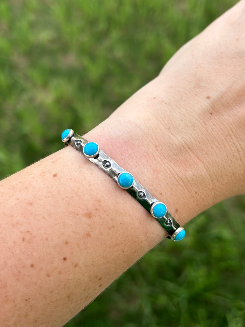 Cuff Bracelet with Stamped Sterling Silver and Genuine Turquoise