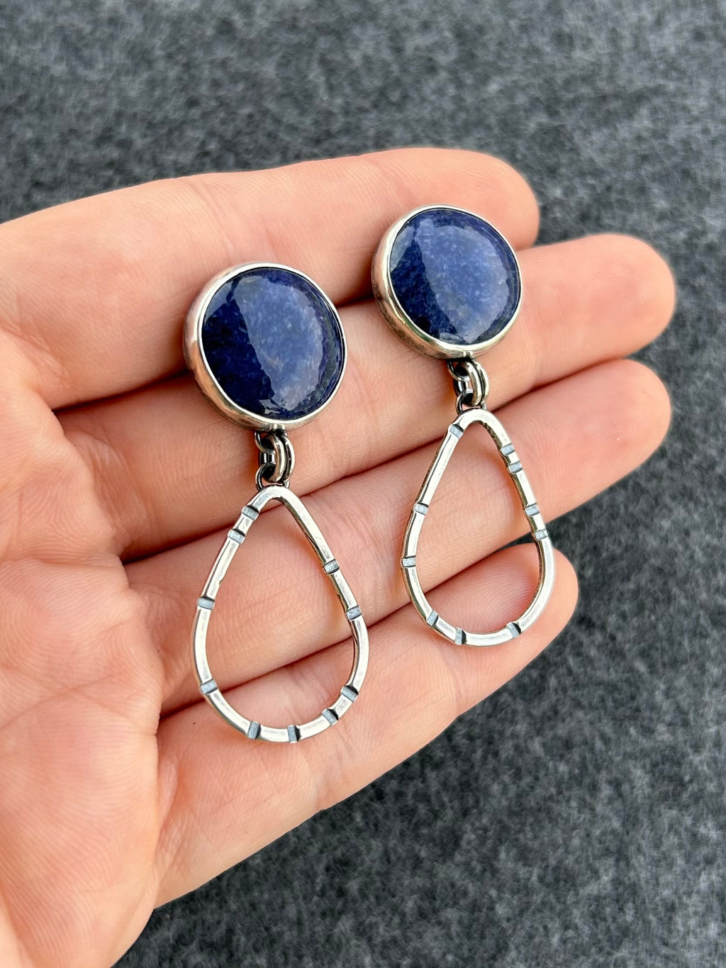 Anvil Hoop Earrings with Stamped Sterling Silver and Lapis Lazuli