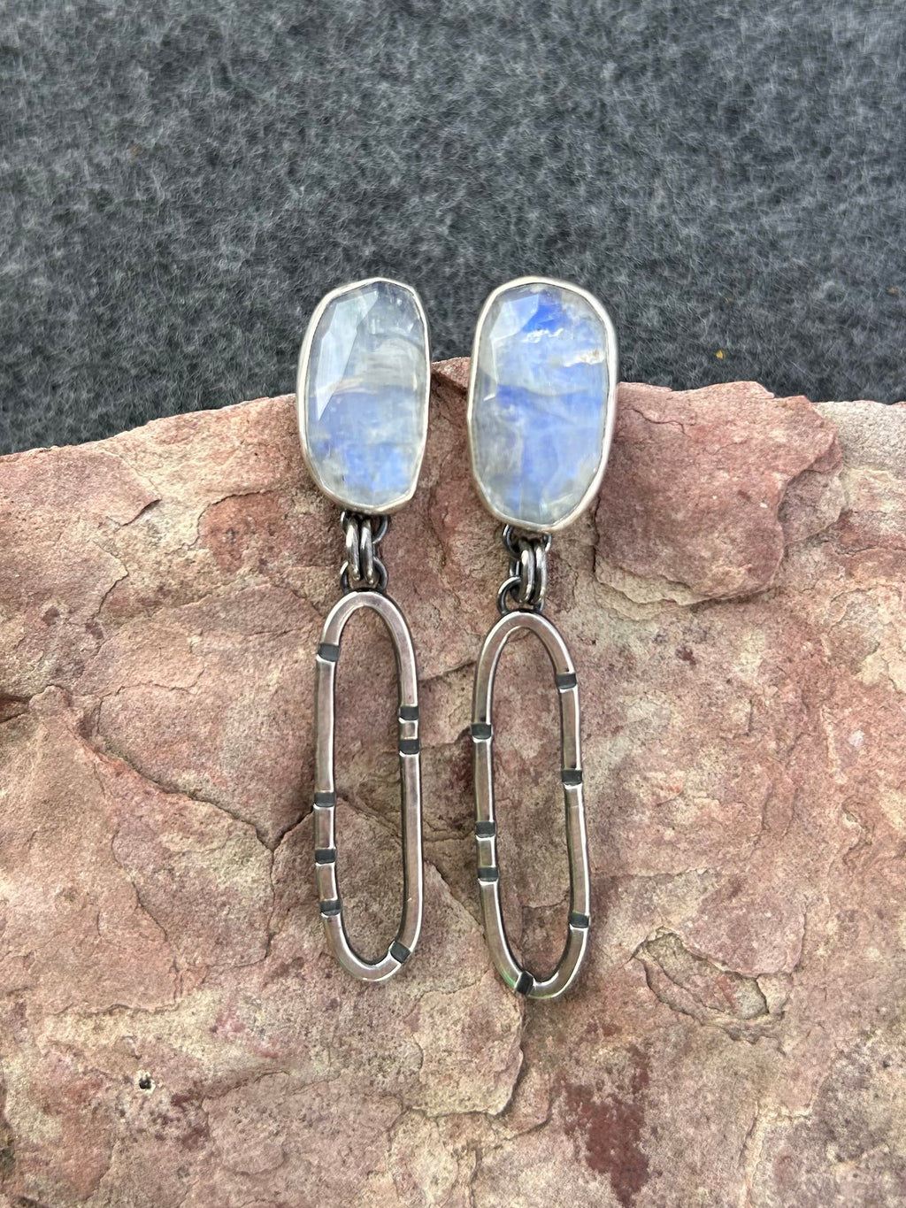 Anvil Hoop Earrings with Stamped Sterling Silver and Moonstone