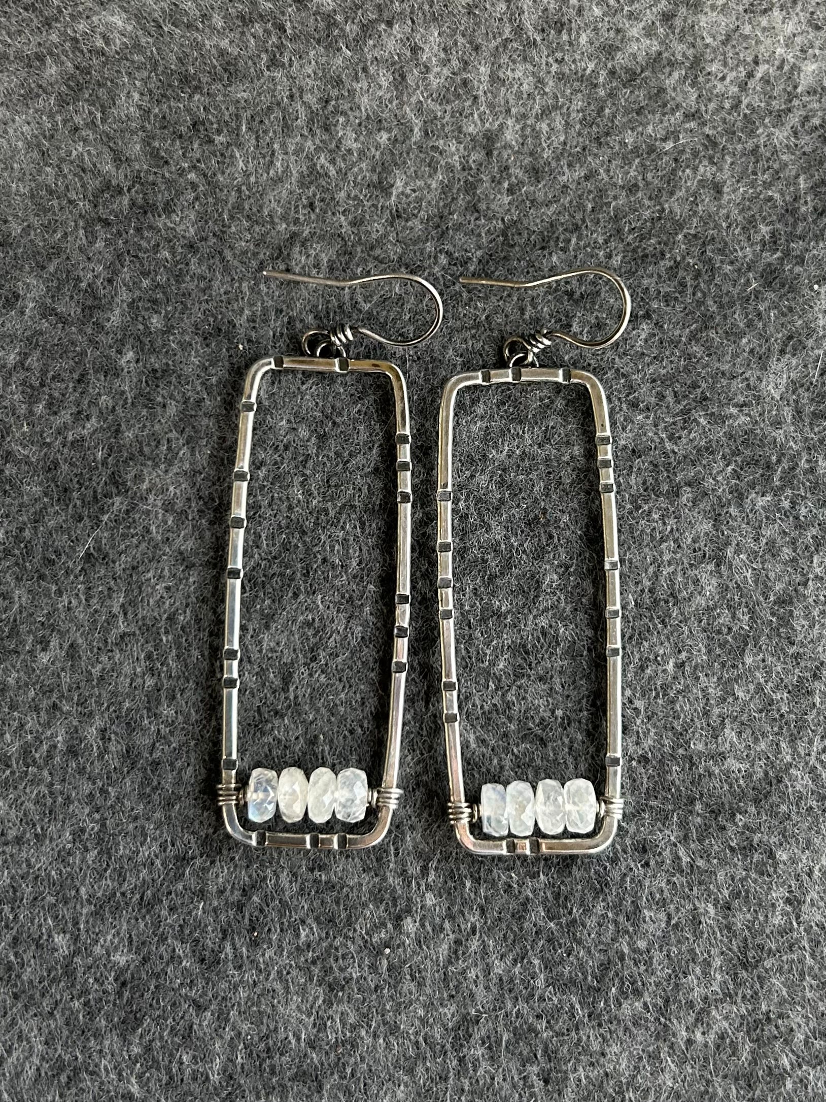 Anvil Hoop Earrings with Stamped Sterling Silver and Rainbow Moonstone