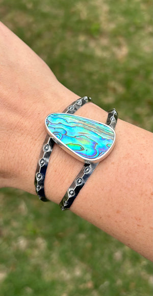 Cuff Bracelet with Stamped Sterling Silver and Abalone