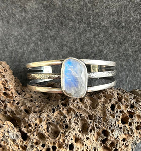 Cuff Bracelet with Stamped Sterling Silver and Rainbow Moonstone