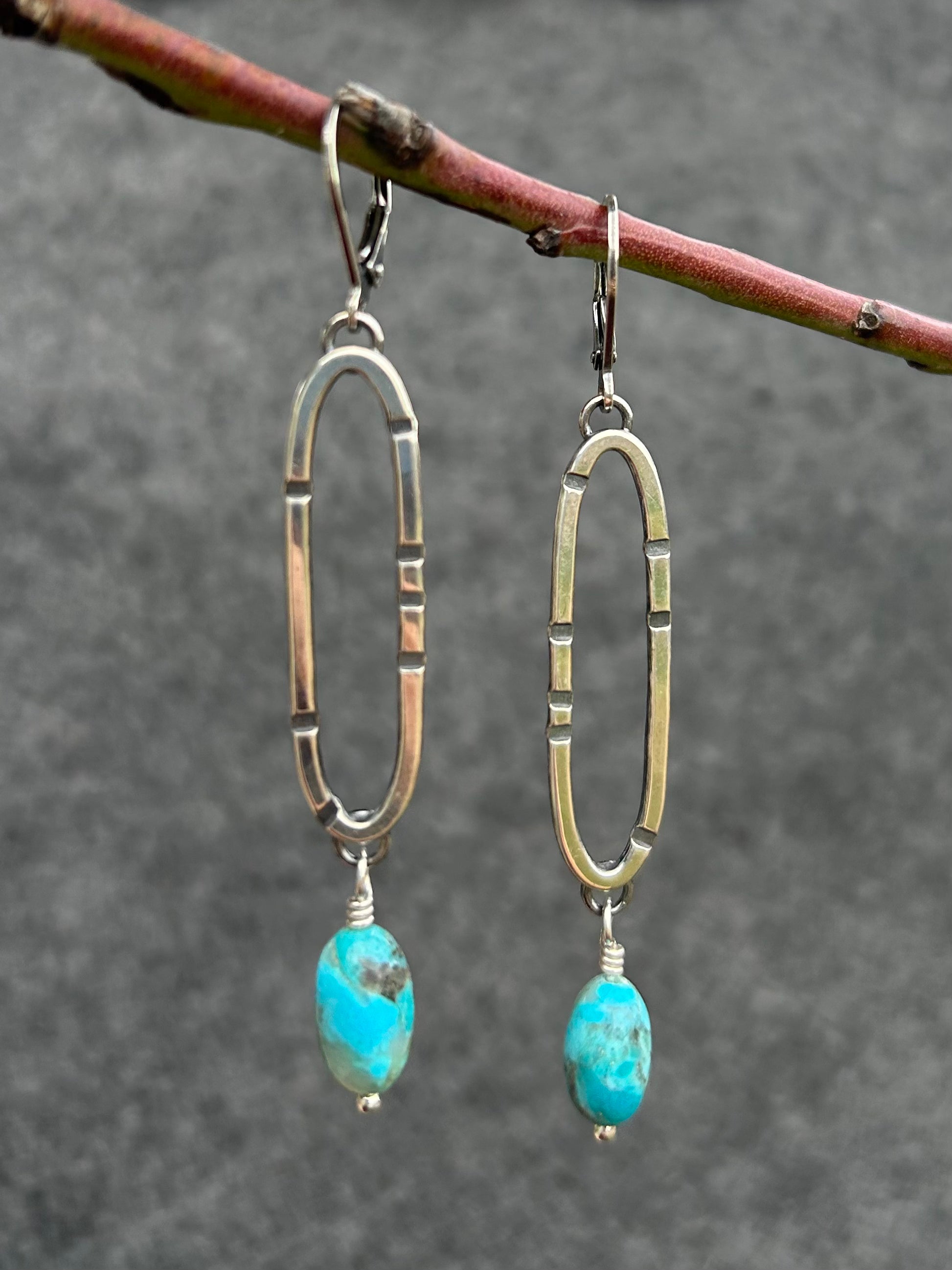 Anvil Hoop Earrings with Stamped Sterling Silver and Blue Turquoise