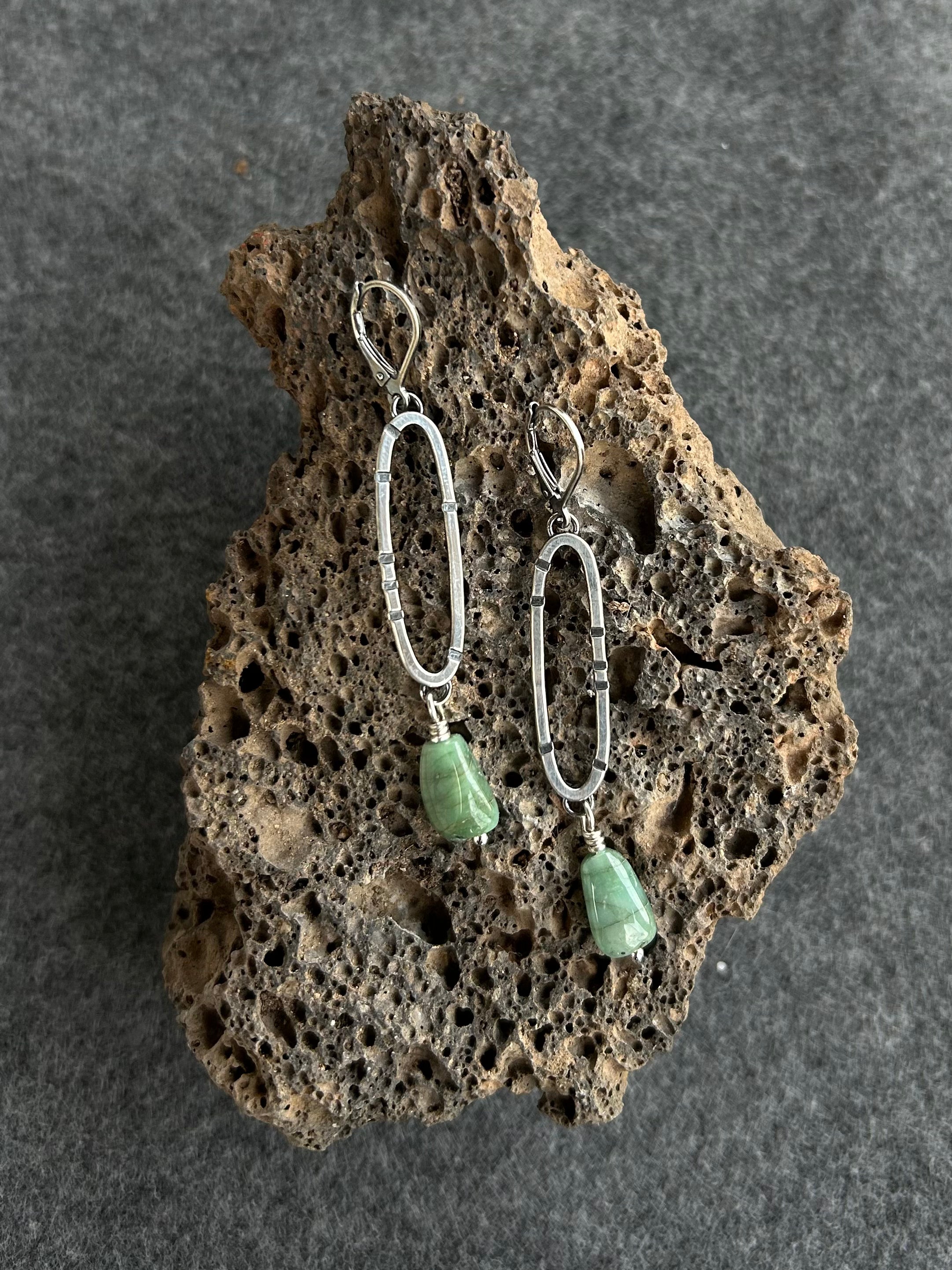 Anvil Hoop Earrings with Stamped Sterling Silver and Emerald