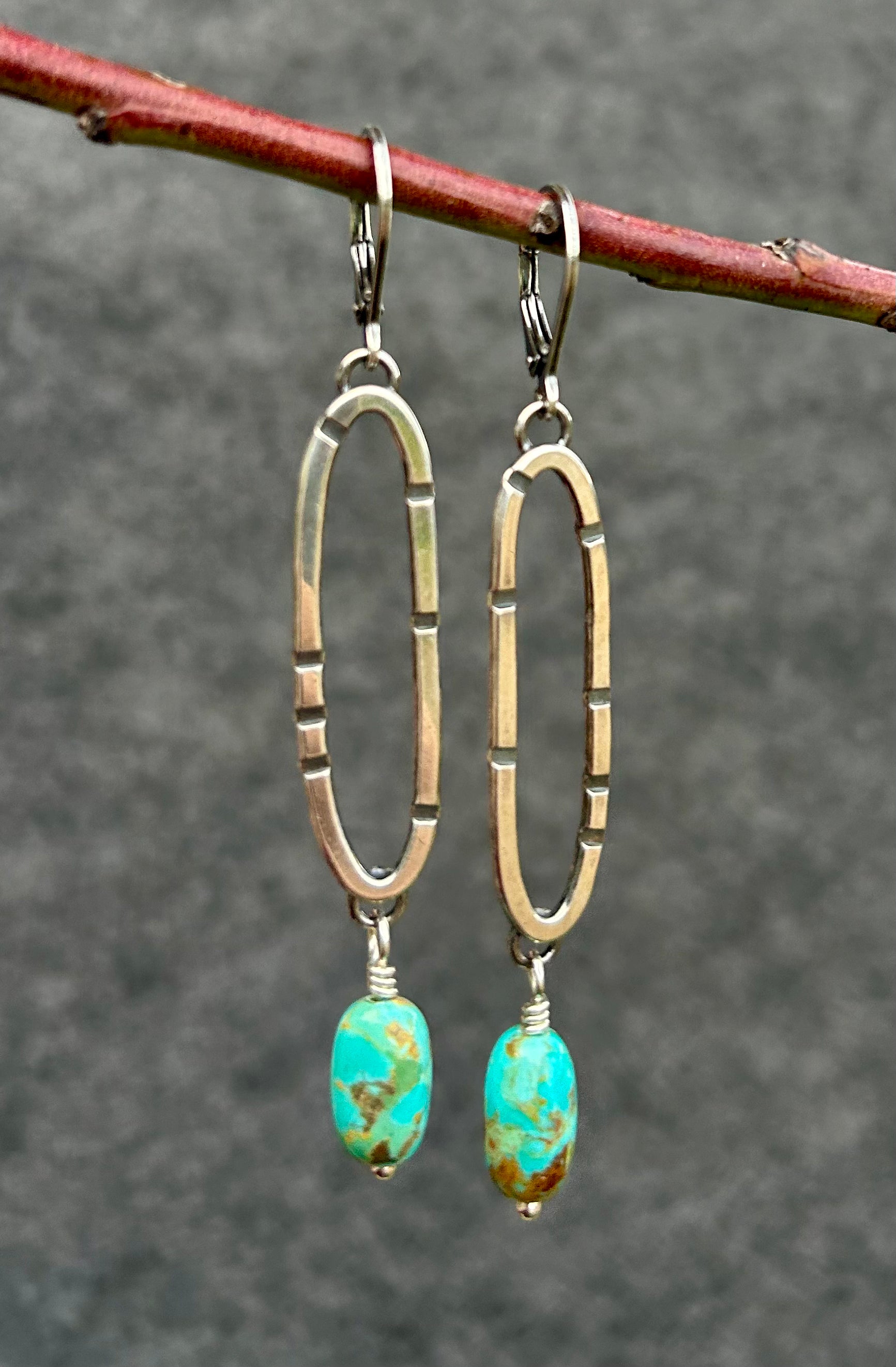 Anvil Hoop Earrings with Stamped Sterling Silver and Blue/Green Turquoise