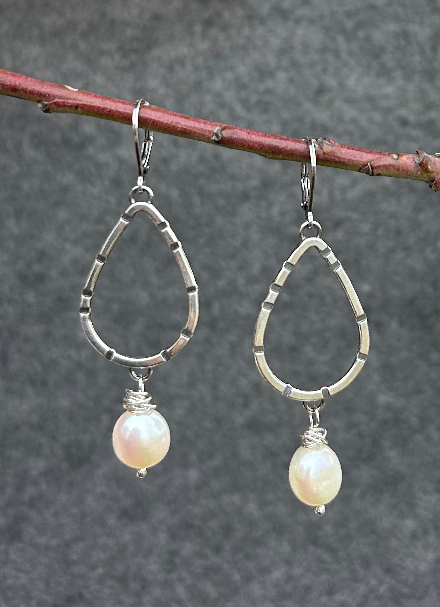 Anvil Hoop Earrings with Stamped Sterling Silver and Freshwater Pearls