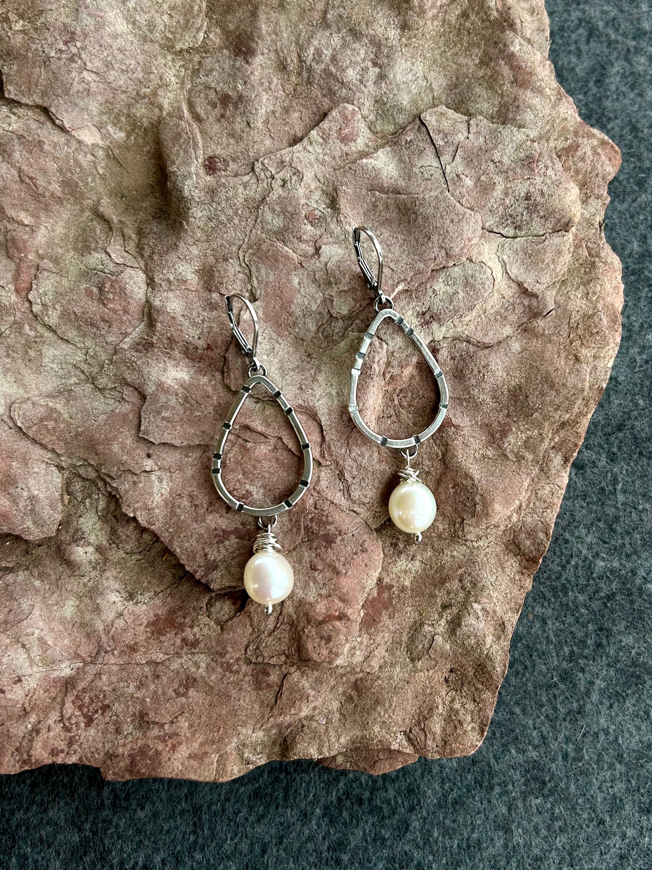 Anvil Hoop Earrings with Stamped Sterling Silver and Freshwater Pearls