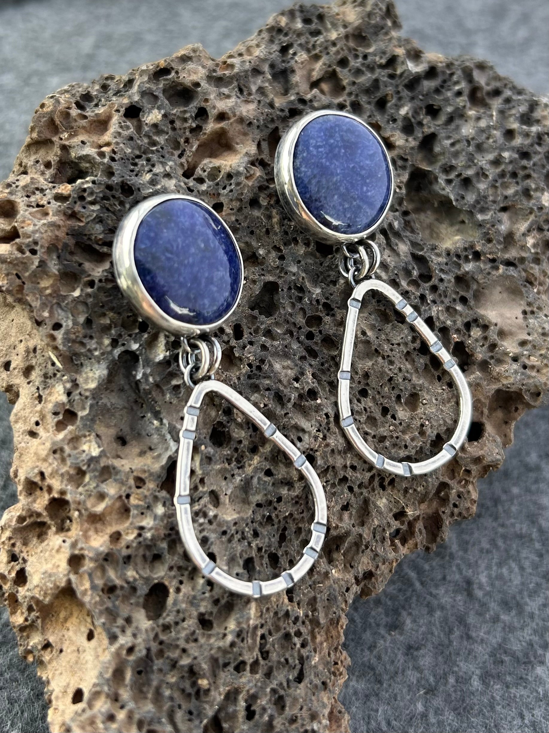 Anvil Hoop Earrings with Stamped Sterling Silver and Lapis Lazuli