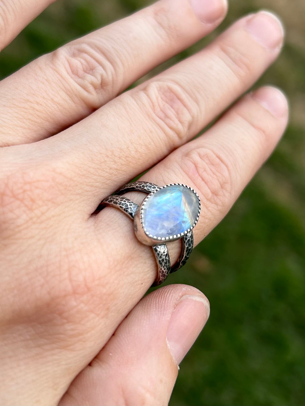 Gemstone Ring with Sterling Silver and Rainbow Moonstone