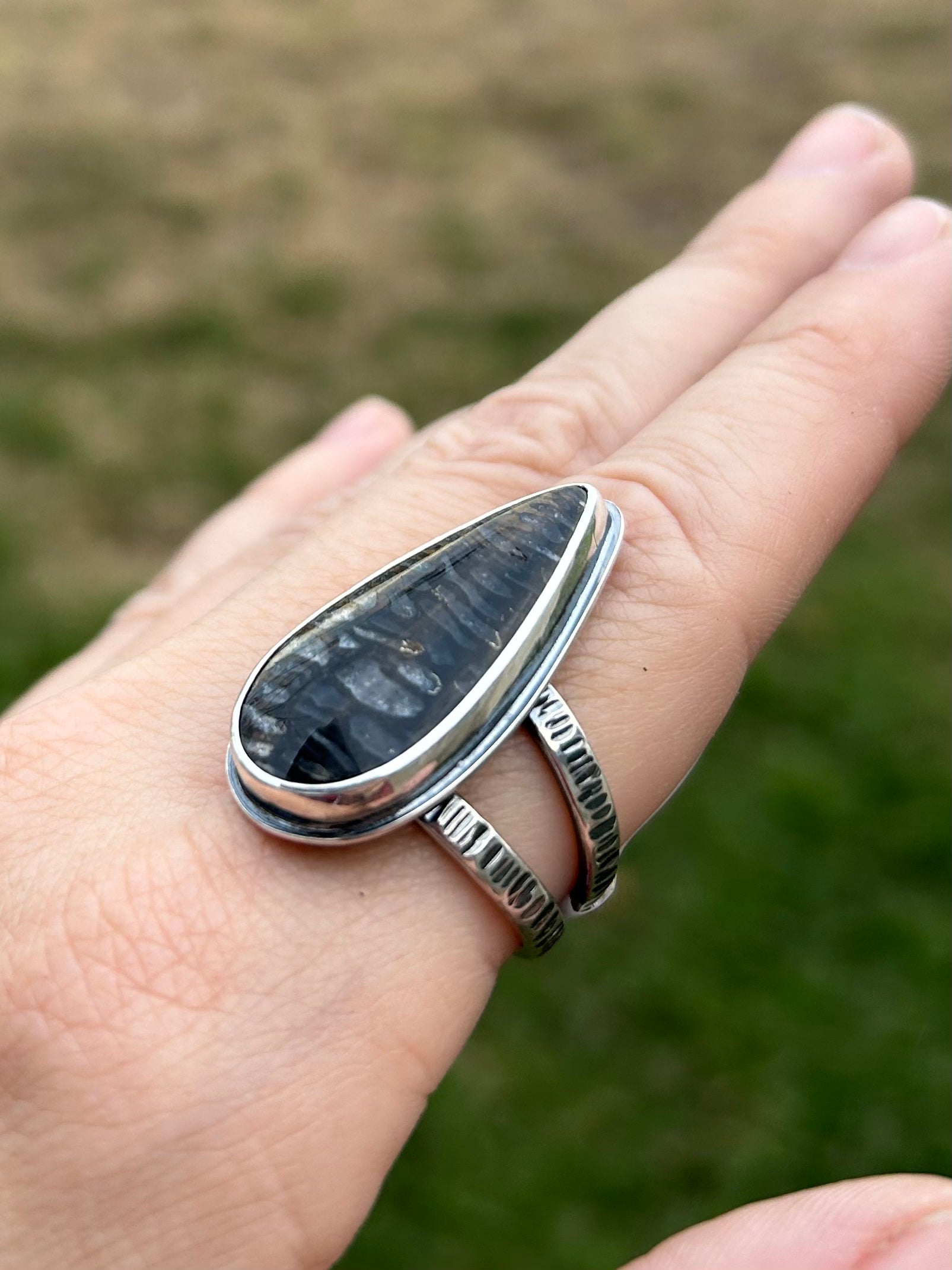 Gemstone Ring with Sterling Silver and Petrified Palm Wood