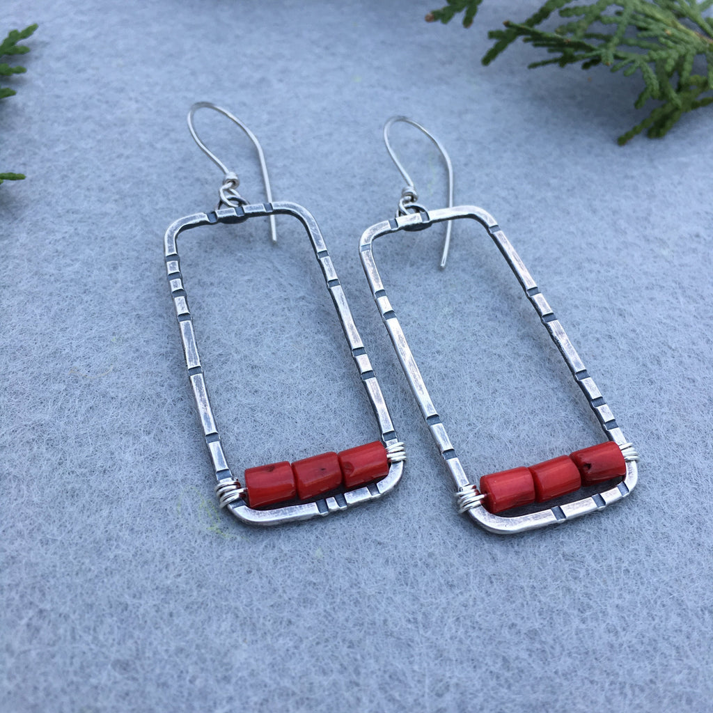 Rectangular Hoop Earrings with Stamped Sterling Silver and Red Coral - MADE TO ORDER