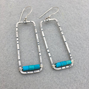 Large Rectangular Anvil Hoop Earrings with Stamped Sterling Silver and Genuine Turquoise - MADE TO ORDER