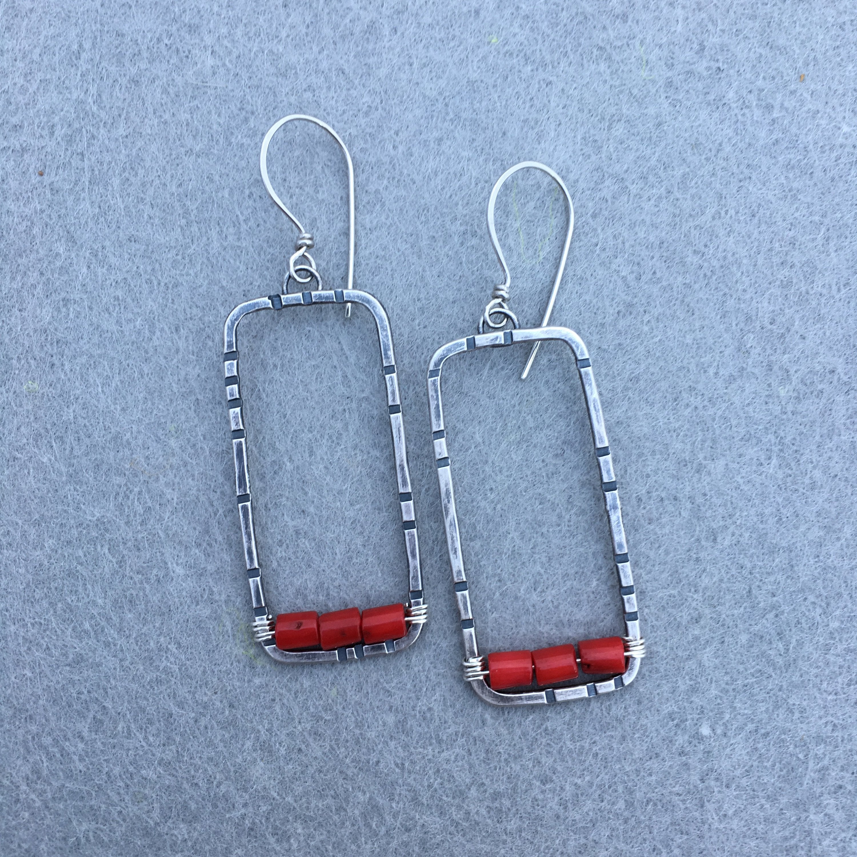 Rectangular Hoop Earrings with Stamped Sterling Silver and Red Coral - MADE TO ORDER