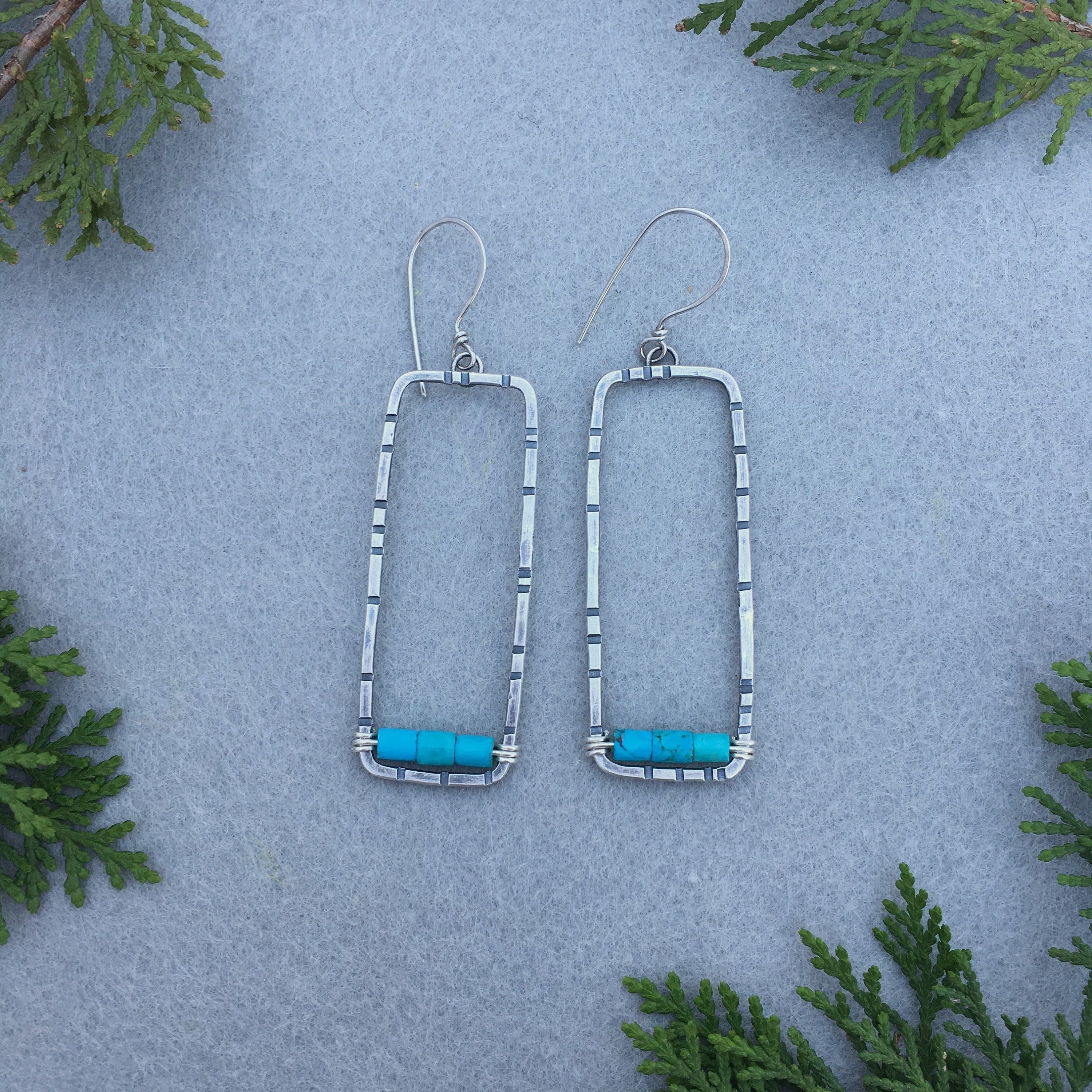 Large Rectangular Anvil Hoop Earrings with Stamped Sterling Silver and Genuine Turquoise - MADE TO ORDER