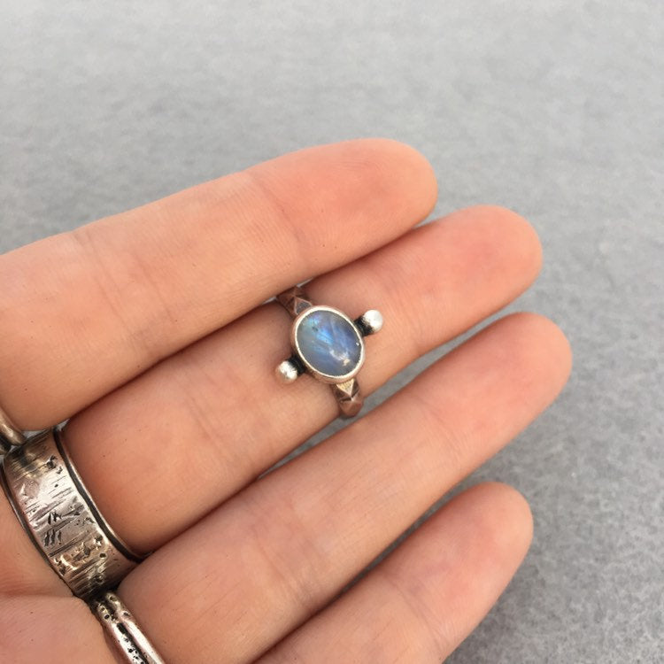 Natural Rainbow Moonstone and Recycled Sterling Silver Dot Ring - MADE TO ORDER