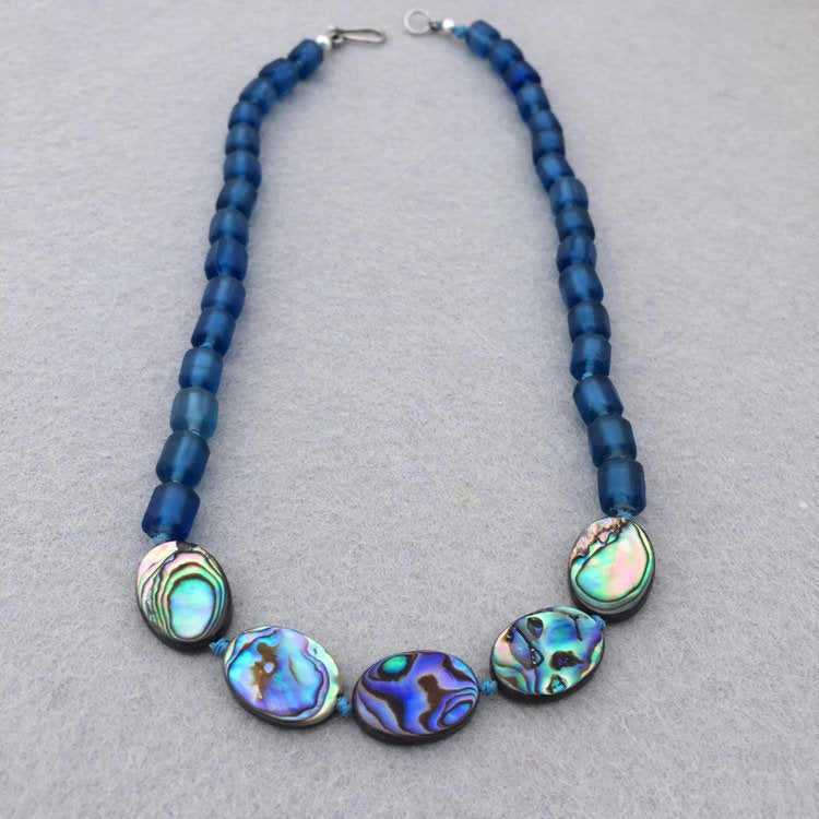 Abalone Shell and Blue Seaglass Necklace with Sterling Silver - MADE TO ORDER -