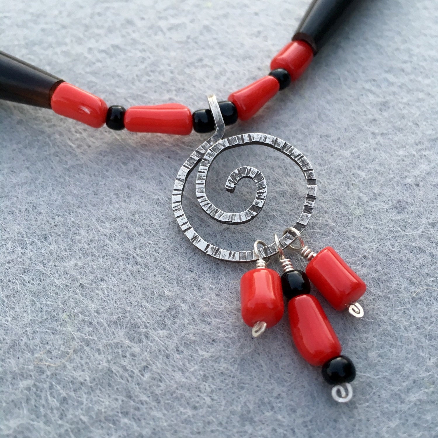 Red Coral Beaded Necklace with Sterling Silver Spiral Pendant