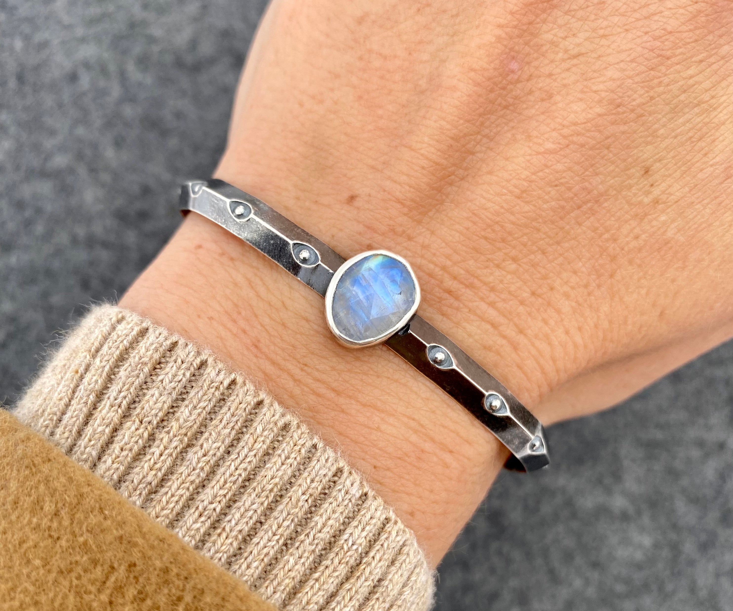 Simple Cuff Bracelet with Stamped Sterling Silver and Rainbow Moonstone