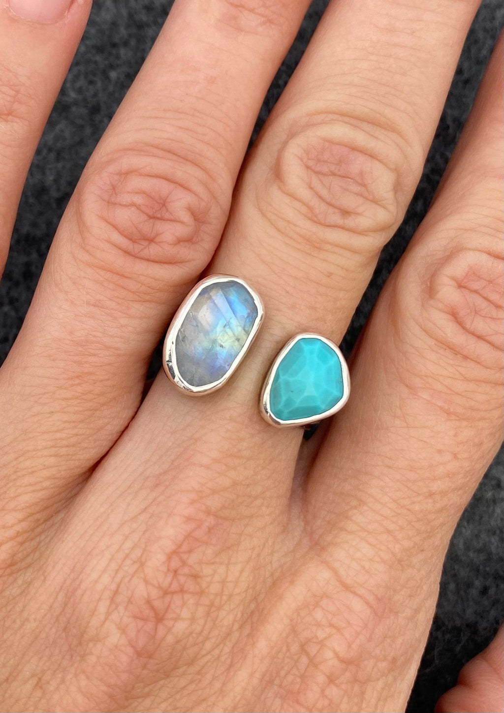 Open Band Stardust Ring with Rainbow Moonstone and Turquoise