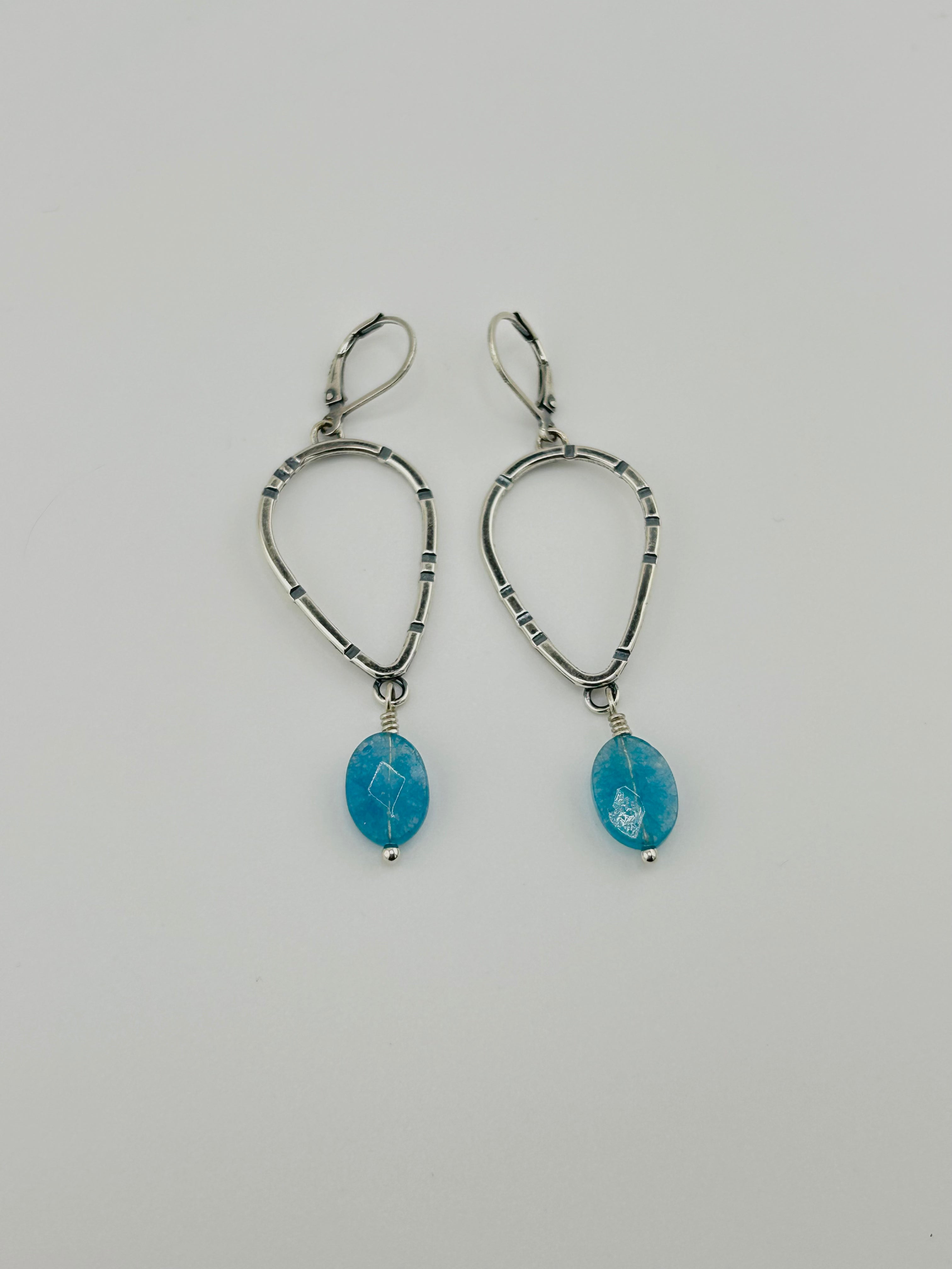 Anvil Teardrop Hoop Earrings with Stamped Sterling Silver and Blue Aqua Quartz