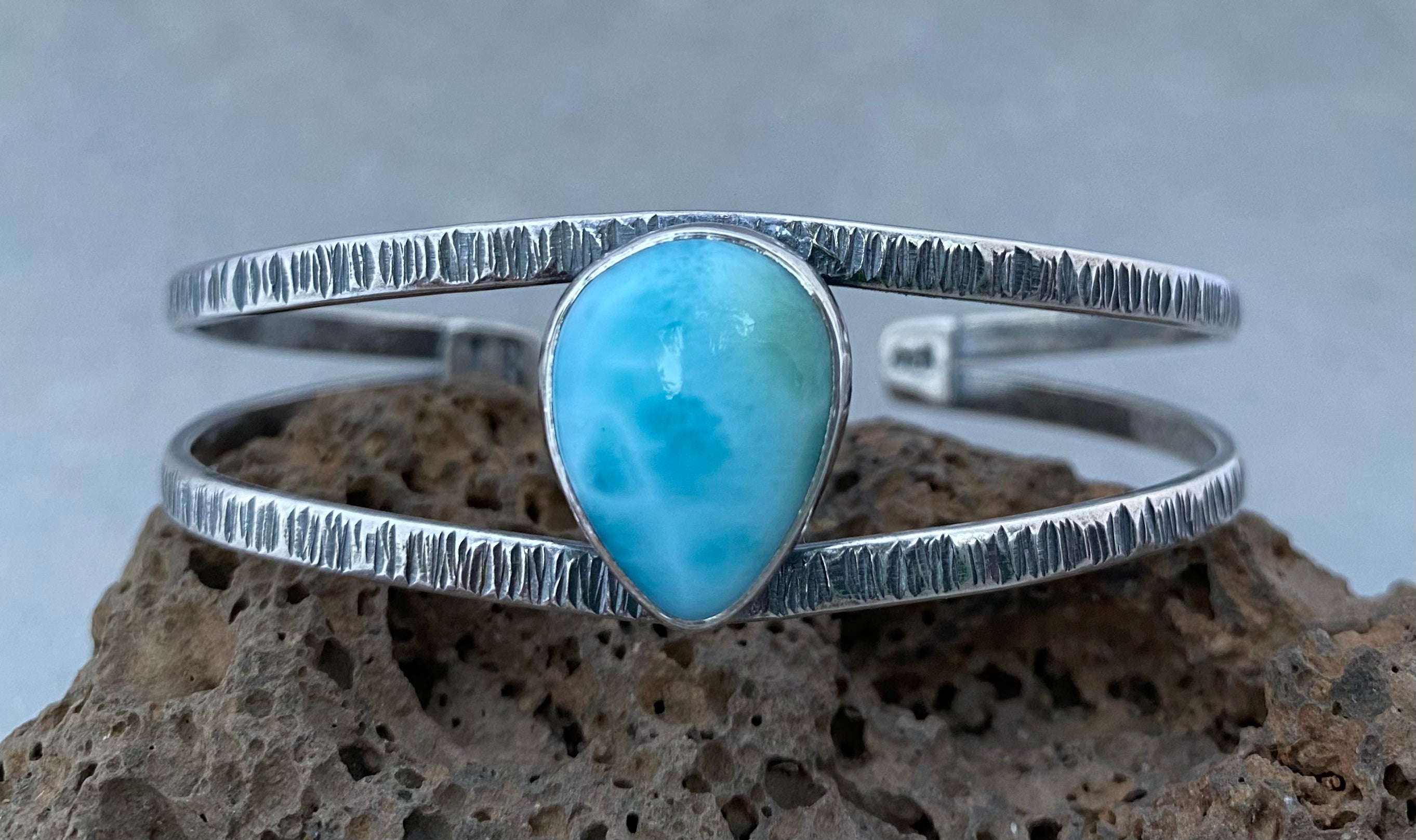Hammered Sterling Silver Cuff Bracelet with Larimar