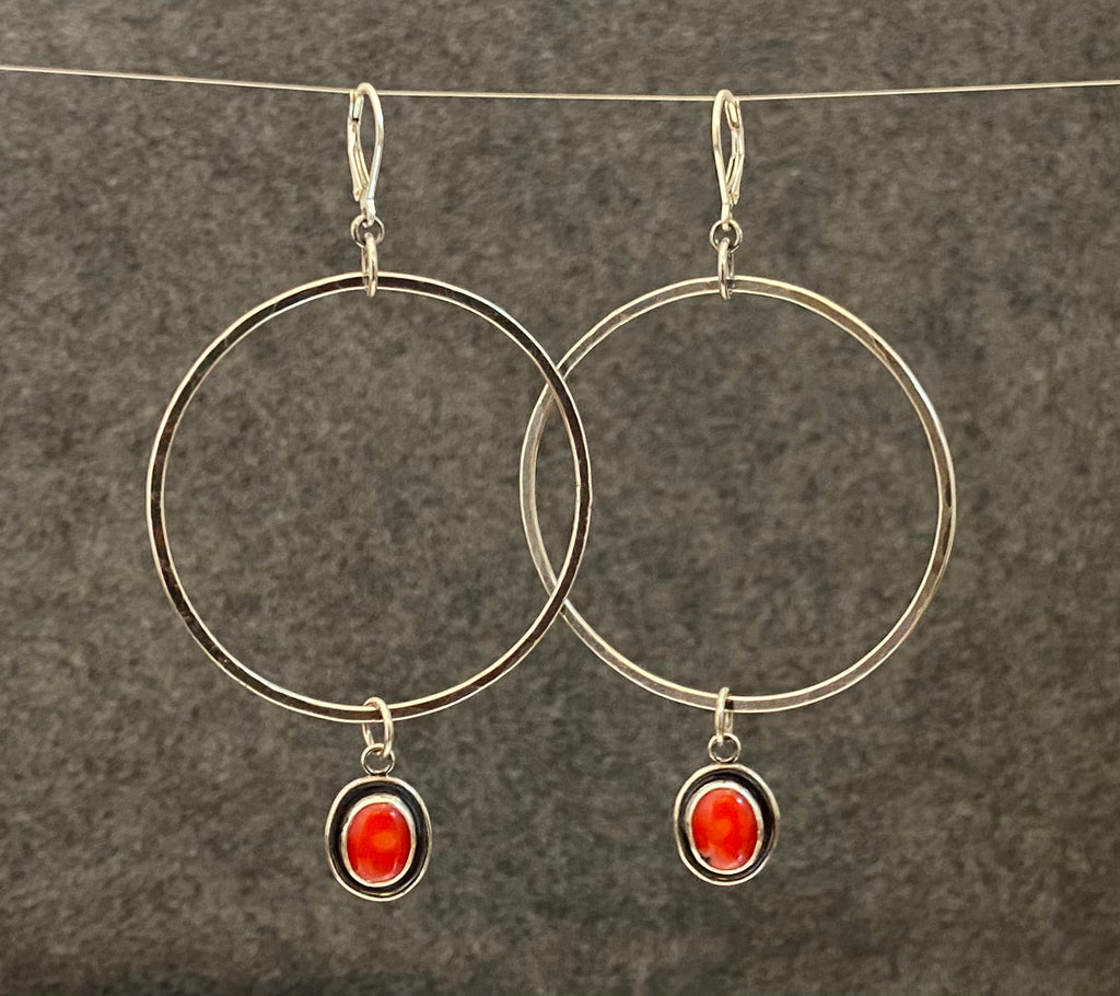 Gemstone Shoulder-Duster Hoops with Sterling Silver and Natural Red Coral