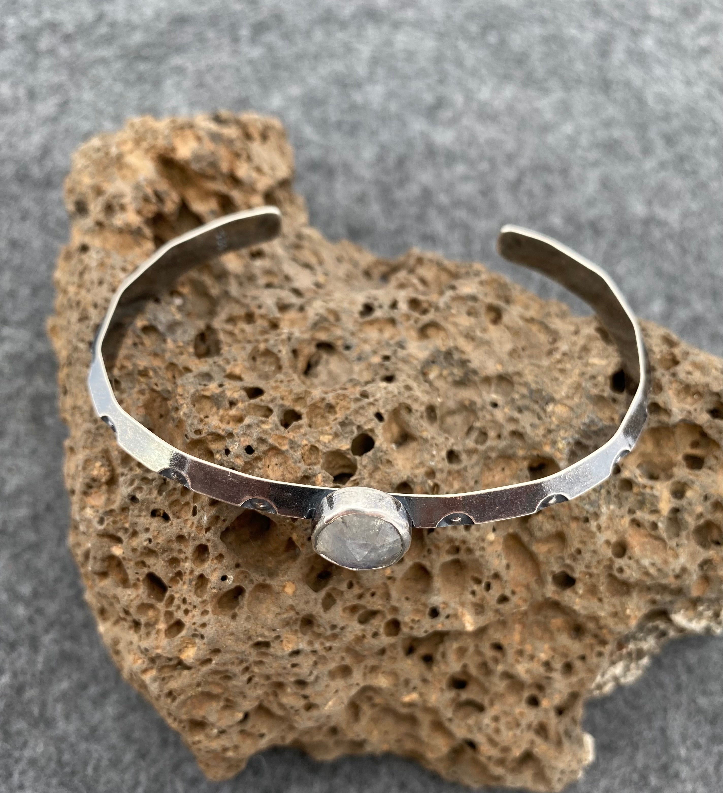 Simple Cuff Bracelet with Stamped Sterling Silver and Rainbow Moonstone