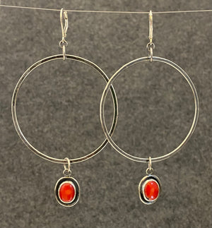 Gemstone Shoulder-Duster Hoops with Sterling Silver and Natural Red Coral